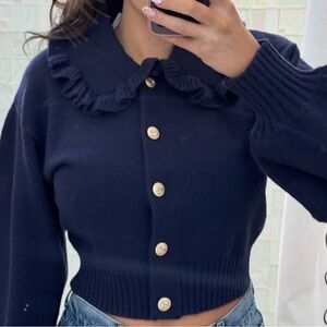 Navy Ruffle Collar Button-Up Cropped Sweater